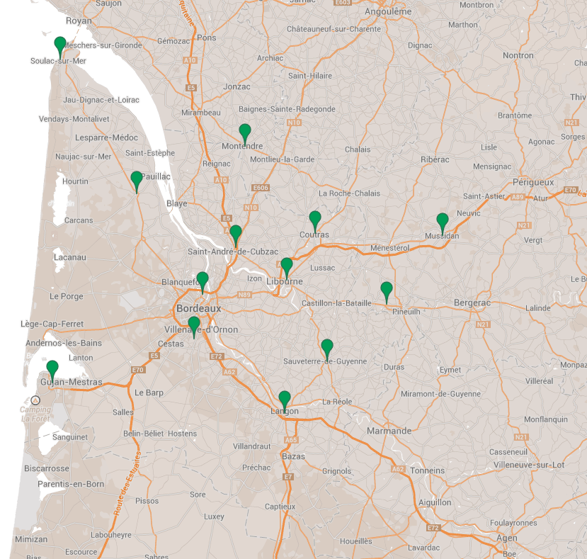 Carte d'intervention pour nos études de sol en Nouvelle-Aquitaine